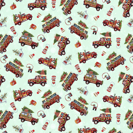 Snow Dog Express Campers and Trucks Mint Blue Geoff Allen Studio E Fabrics Cotton Fabric