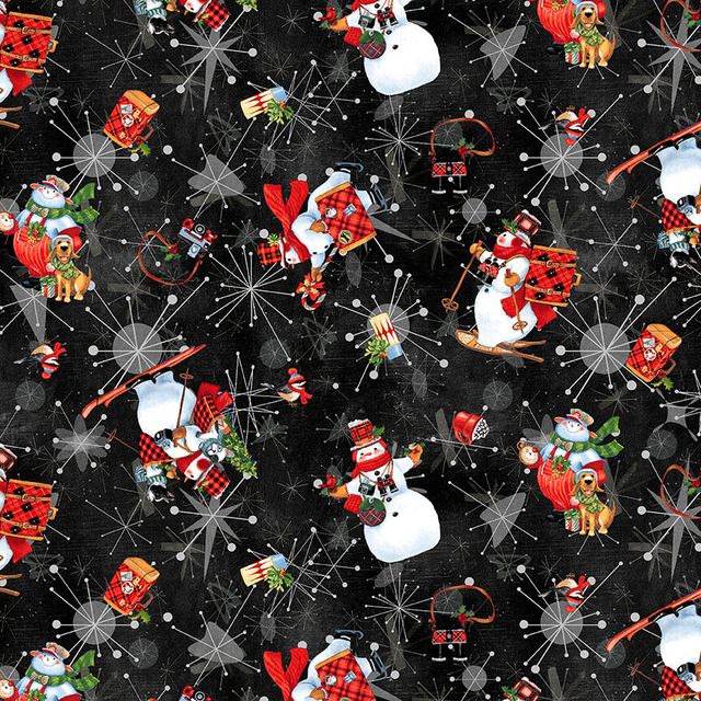 Snow Dog Express Snowman Black Geoff Allen Studio E Cotton Fabric