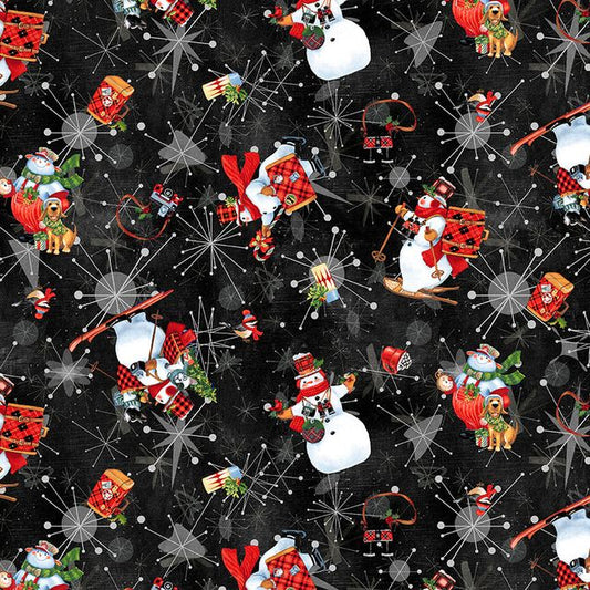 Snow Dog Express Snowman Black Geoff Allen Studio E Cotton Fabric
