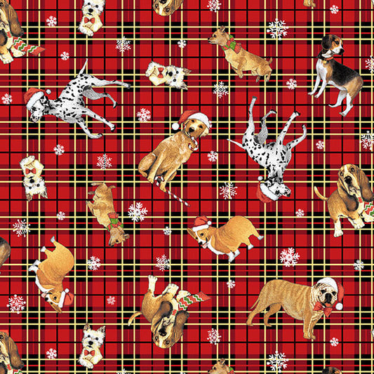 Snow Dog Express Tossed Snow Dogs Plaid Red Geoff Allen Studio E Fabrics Cotton Fabric