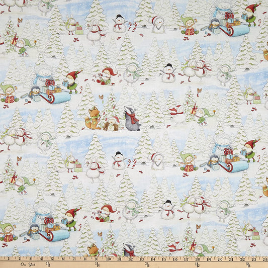 Snow Fun Holiday Cute Elves & Animals Winter Blue Timeless Treasures Cotton Fabric