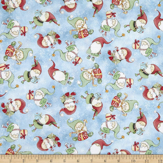 Snow Fun Tossed Holiday Elves Blue Timeless Treasures Cotton Fabric