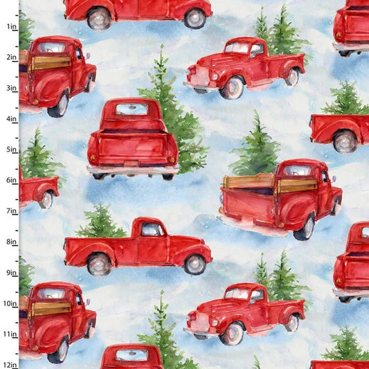 Snowfall the Range Vintage Red Trucks and Trees John Keeling 3 Wishes Cotton Fabric