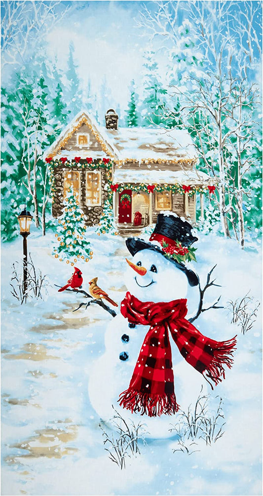 Snowman and Winter Cottage Snowy Day Timeless Treasures Cotton Fabric
