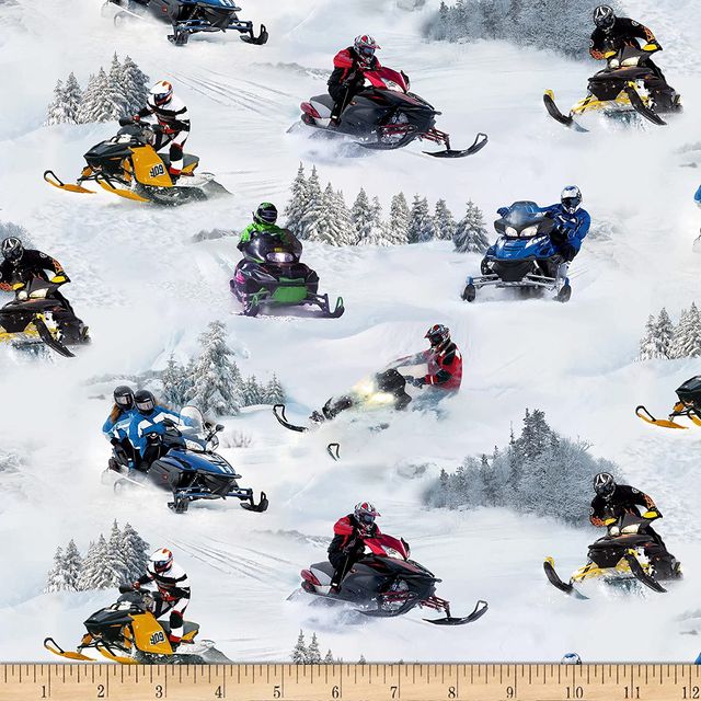 Snowmobile Snow white Motion Elizabeth's Studio Cotton Fabric