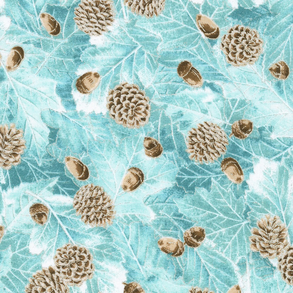 Snowy Brook Pine Cones Mist Blue Robert Kaufman Cotton Fabric