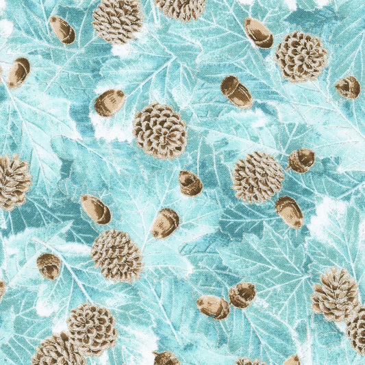 Snowy Brook Pine Cones Mist Blue Robert Kaufman Cotton Fabric