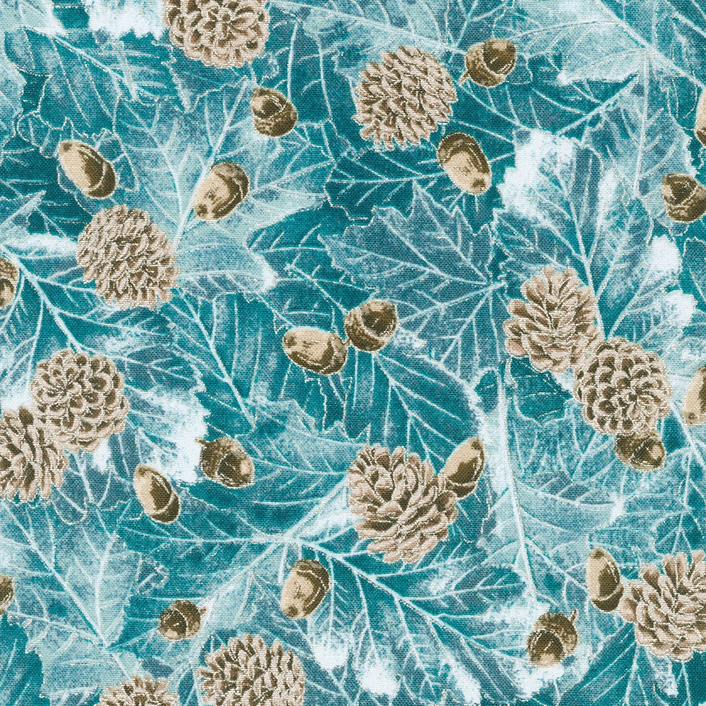 Snowy Brook Pine Cones Spruce Blue Robert Kaufman Cotton Fabric