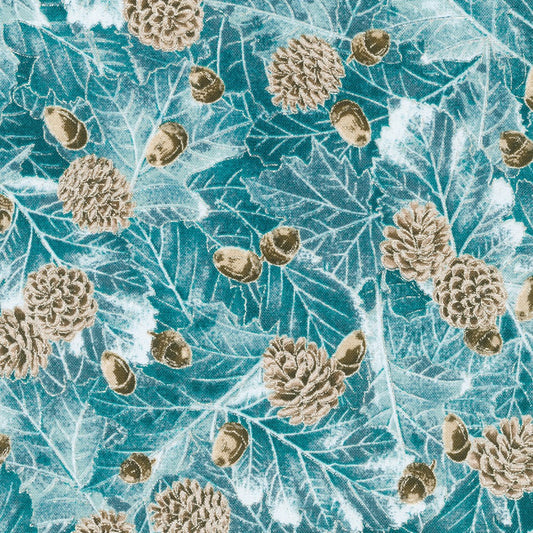 Snowy Brook Pine Cones Spruce Blue Robert Kaufman Cotton Fabric