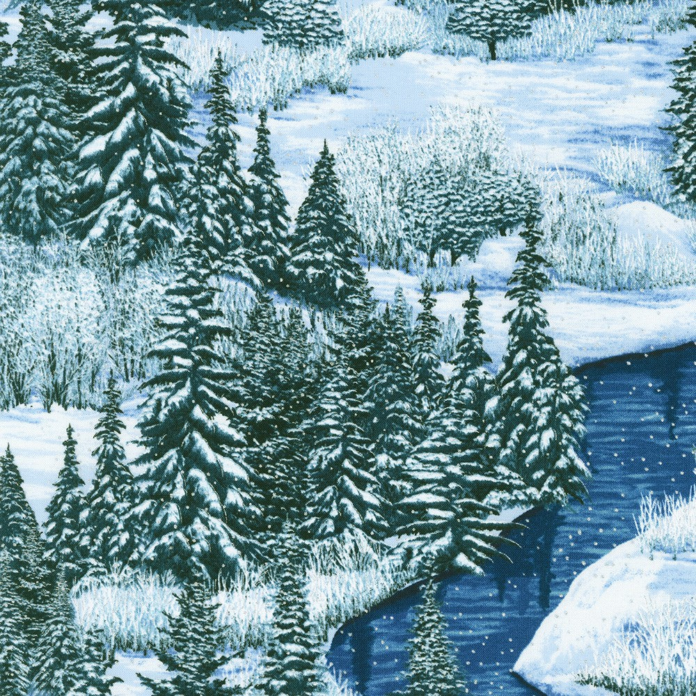 Snowy Brook Scenic Snowy Forest Night White Dark Blue Robert Kaufman Cotton Fabric