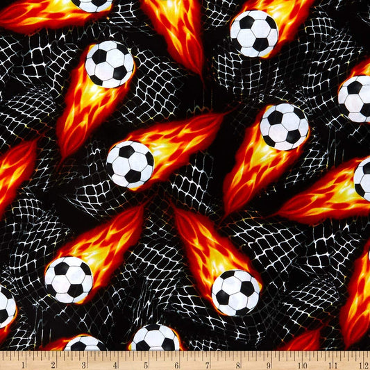 Soccer Balls Flaming Soccer Balls Black Sports Timeless Treasures Cotton Fabric