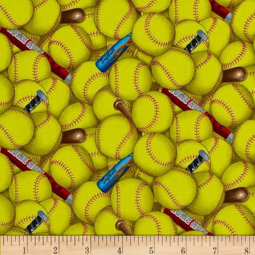 Sports Softball Ball Yellow Elizabeth's Studio Cotton Fabric