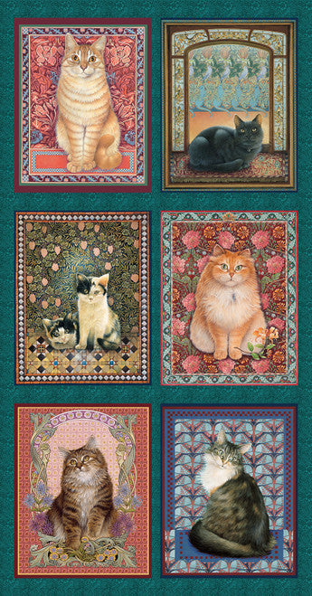 Sophisti-Cats Digital Cat Blocks Panel 24" Dark Teal Lesley Anne Ivory Blank Quilting Cotton Fabric