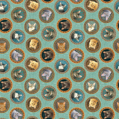 Sophisti-Cats Cat Portraits Teal Lesley Anne Ivory Blank Quilting Cotton Fabric