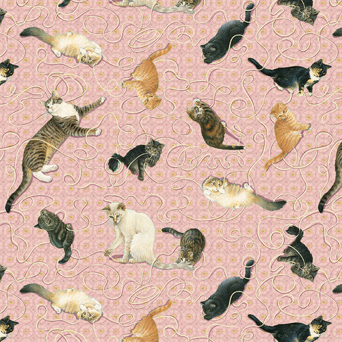 Sophisti-Cats Cats Playing Yarn Pink Lesley Anne Ivory Blank Quilting Cotton Fabric