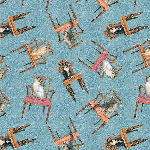 Sophisti-Cats Cats Chairs Light Blue Lesley Anne Ivory Blank Quilting Cotton Fabric