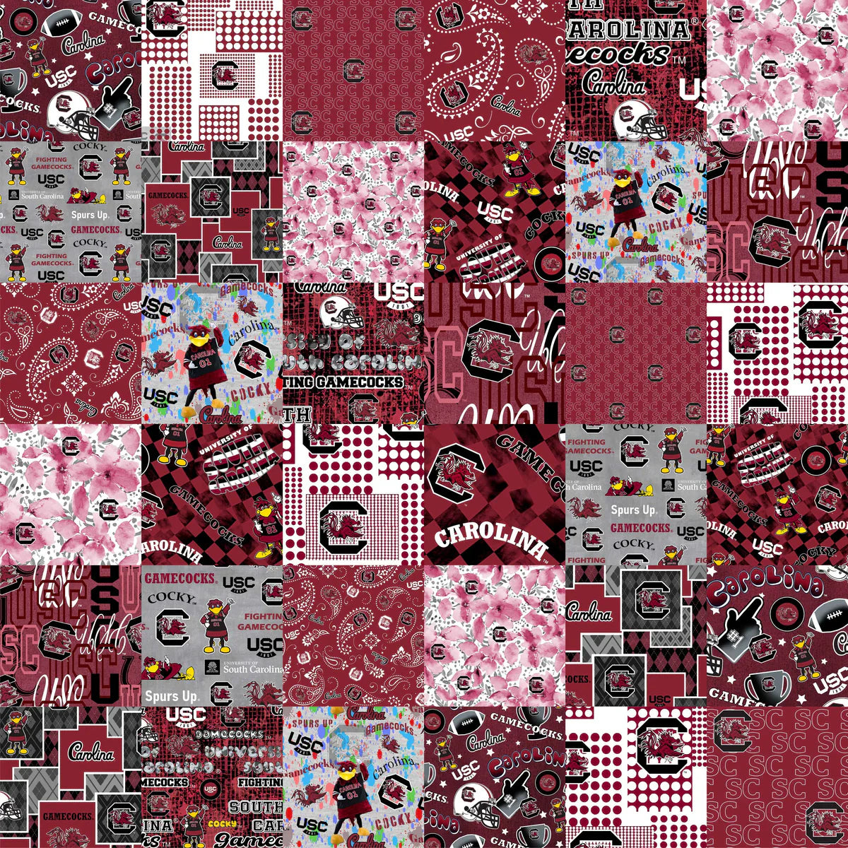 South Carolina Gamecocks NCAA College Cheater Quilt Allover 60" Sykel Cotton Fabric SYK-SC-1363