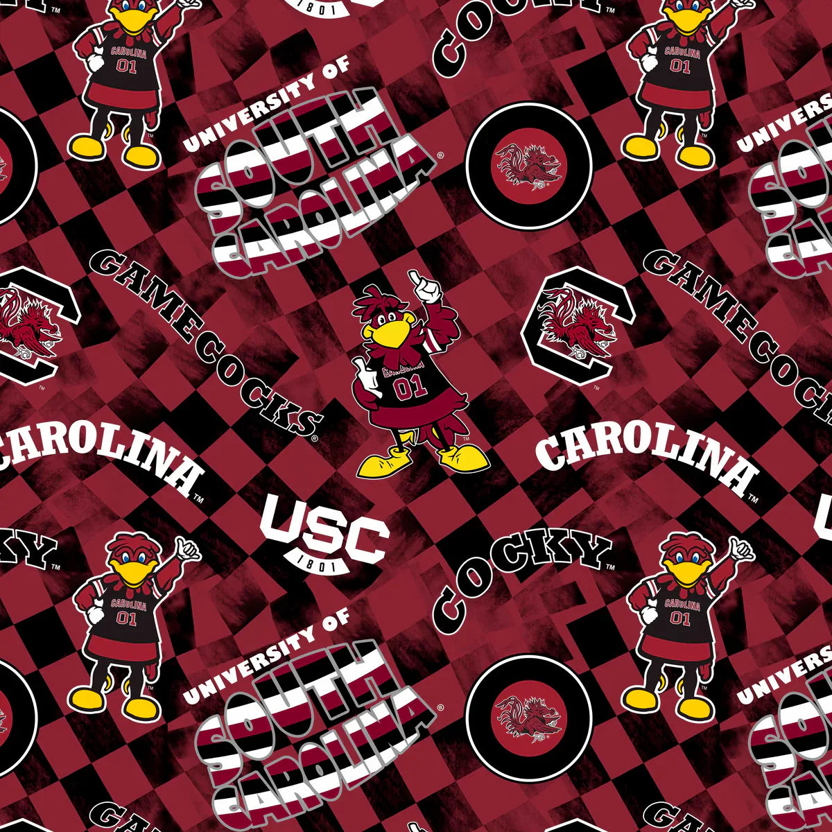 South Carolina Gamecocks NCAA College Check Allover Sykel Cotton Fabric SYK-SC-1370