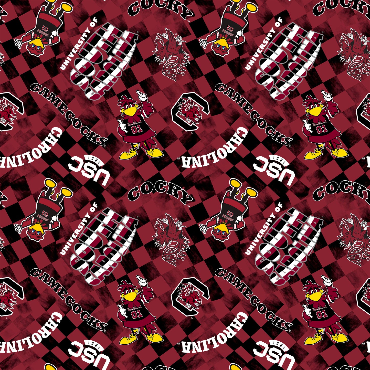 South Carolina Gamecocks NCAA College Checks Dark Red Sykel Enterprises Canvas Duck Cloth Cotton Fabric SC-1380-DKRED