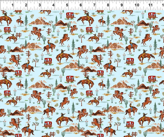Southwest Minis WagonsBlue Jason Yenter In The Beginning Cotton Fabric ITB-13SWM-1