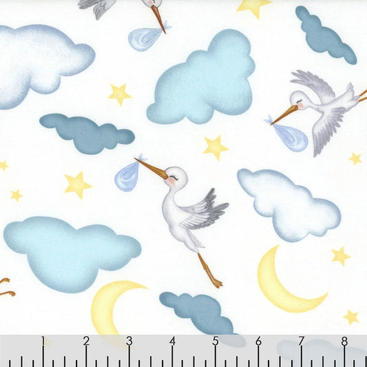 Special Delivery Minky Stork Moon Stars Clouds White Sharon Kuplack Henry Glass Polyester Fabric HG-2521MK-76