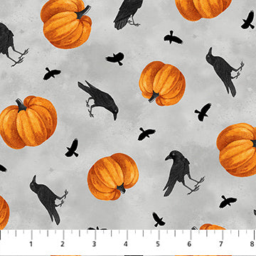 Spellbound Crows Pumpkins Gray Multi Deborah Edwards Northcott Studio Cotton Fabric NC-28139-94