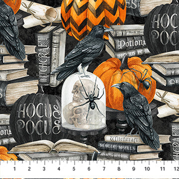 Spellbound Halloween Feature Black Multi Deborah Edwards Northcott Studio Cotton Fabric NC-28136-99