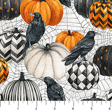 Spellbound Pumpkin Crows White Multi Deborah Edwards Northcott Studio Cotton Fabric NC-28137-10