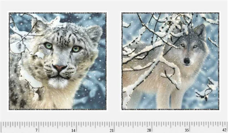 Spirit Animals Snow Leopard and Gray Wolf Panel 24” Collin Bogle P&B Textiles Cotton Fabric