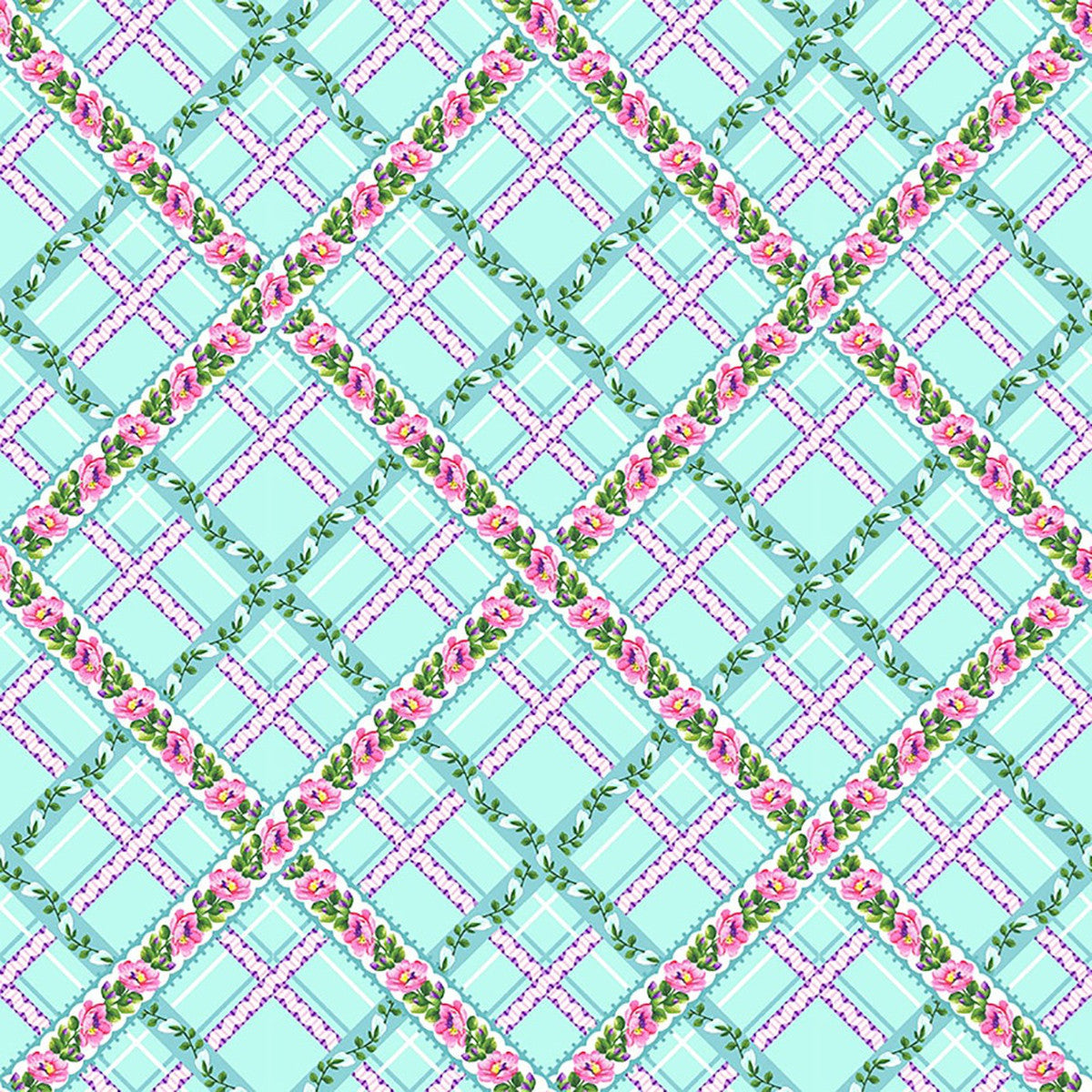 Splendid Path Floral Lattice Plaid Aqua Blue Karen Montgomery Studio E Cotton Fabric