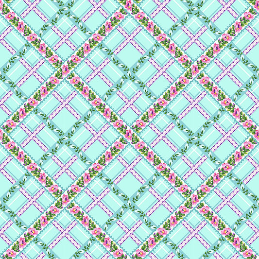 Splendid Path Floral Lattice Plaid Aqua Blue Karen Montgomery Studio E Cotton Fabric