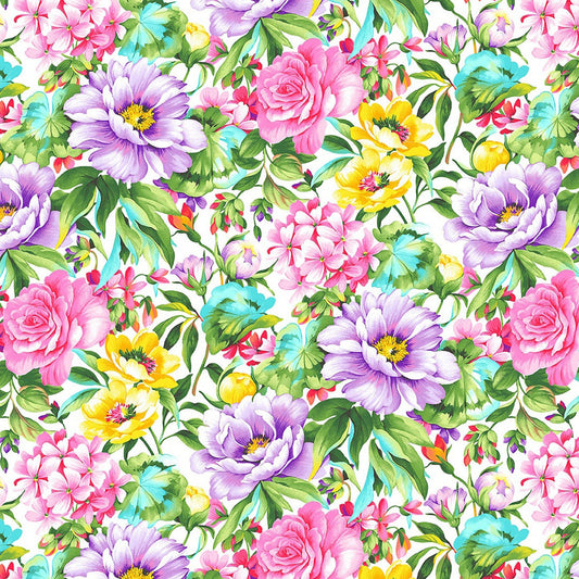 Splendid Path Large Floral Allover White Karen Montgomery Studio E Cotton Fabric