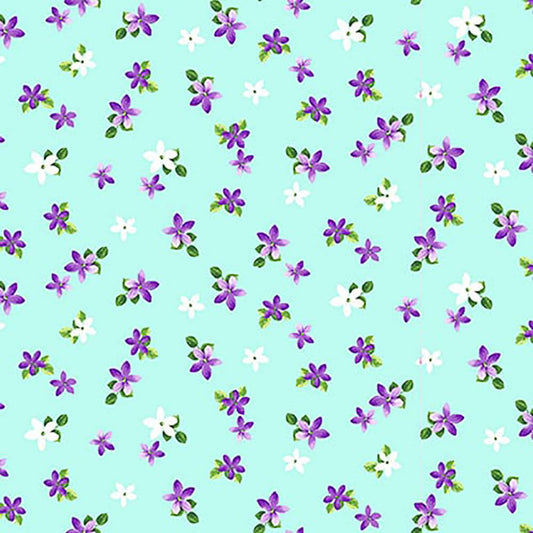 Splendid Path Tossed Ditsy Floral Aqua Blue Karen Montgomery Studio E Cotton Fabric