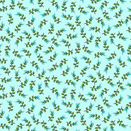 Splendid Path Tossed Ditsy Leaf Aqua Blue Karen Montgomery Studio E Cotton Fabric