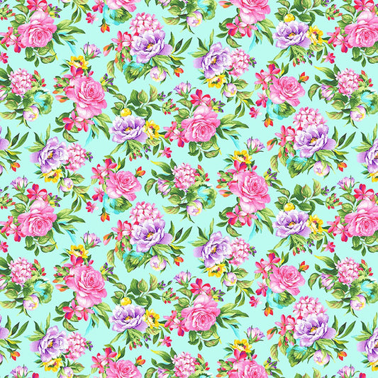 Splendid Path Tossed Floral Aqua Blue Karen Montgomery Studio E Cotton Fabric