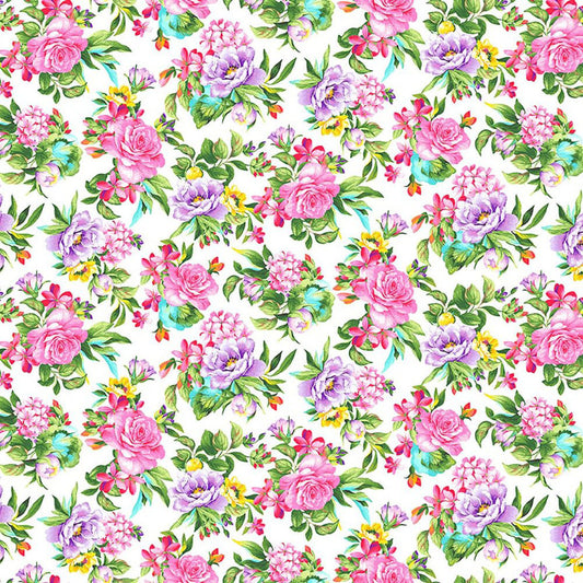 Splendid Path Tossed Floral White Karen Montgomery Studio E Cotton Fabric