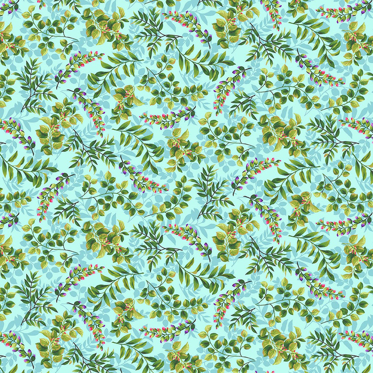 Splendid Path Tossed Leaves Aqua Blue Karen Montgomery Studio E Cotton Fabric