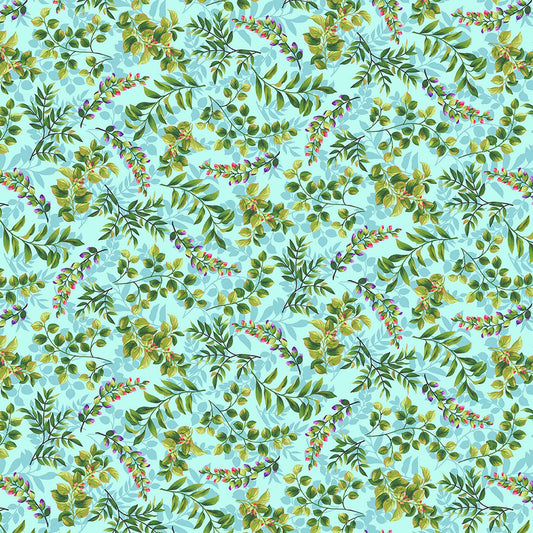 Splendid Path Tossed Leaves Aqua Blue Karen Montgomery Studio E Cotton Fabric