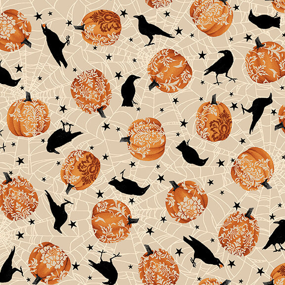 Spooky Night Tossed Pumpkins and Crows Grace Popp Studio E Cotton Fabric