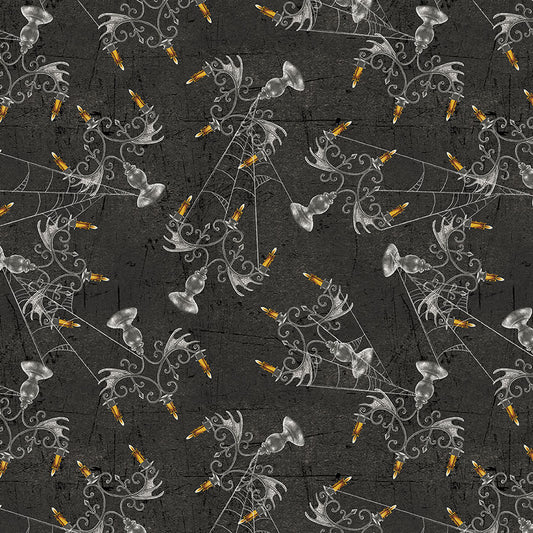 Spooky Vibes Chandeliers Cobwebs Charcoal Erin Wilde Blank Quilting Cotton Fabric