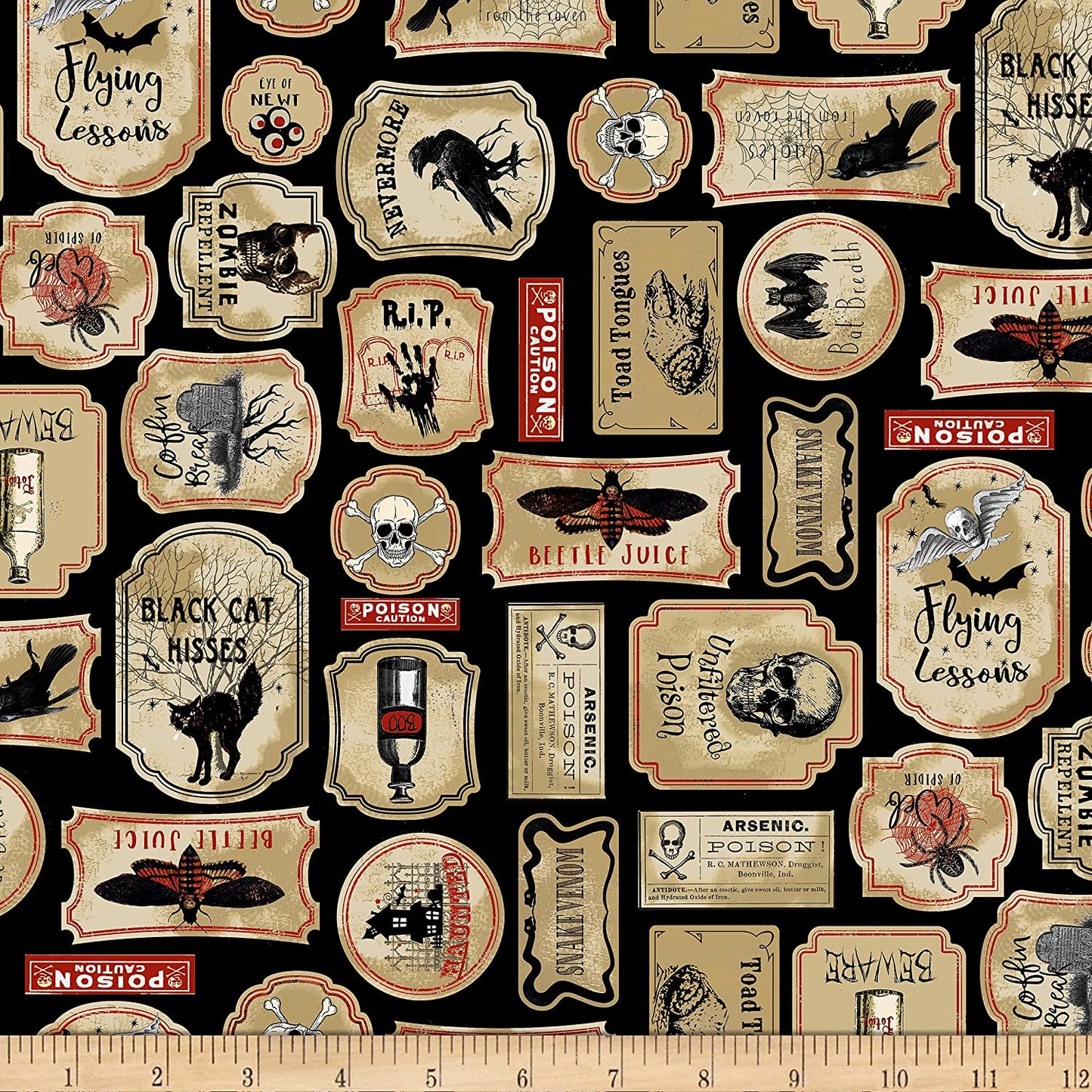 Spooky Labels Black Nevermore Timeless Treasures Cotton Fabric