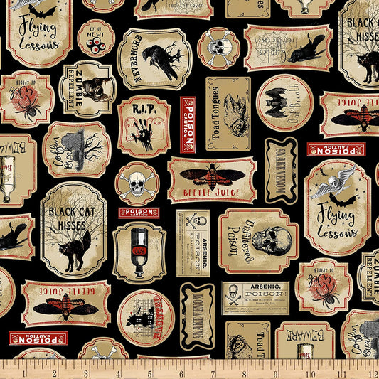 Spooky Labels Black Nevermore Timeless Treasures Cotton Fabric