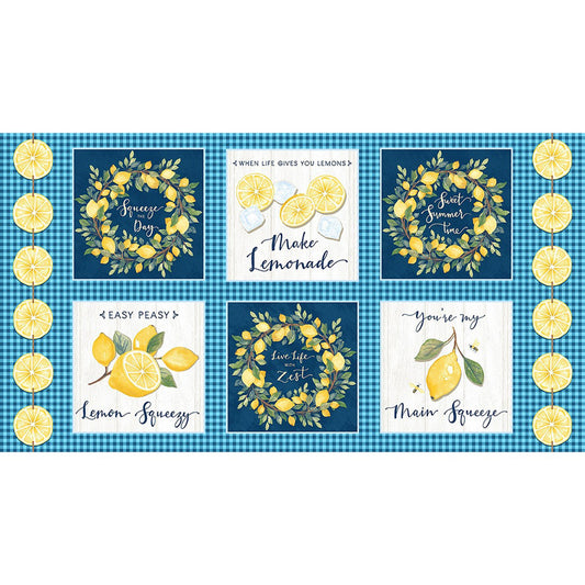 Squeeze the Day 24" Block Print Panel Navy Blue Yellow Rebecca Canale Studio E Cotton Fabric