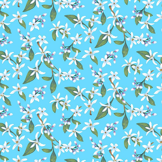 Squeeze the Day Lemon Blossoms Flowers Blue Rebecca Canale Studio E Cotton Fabric