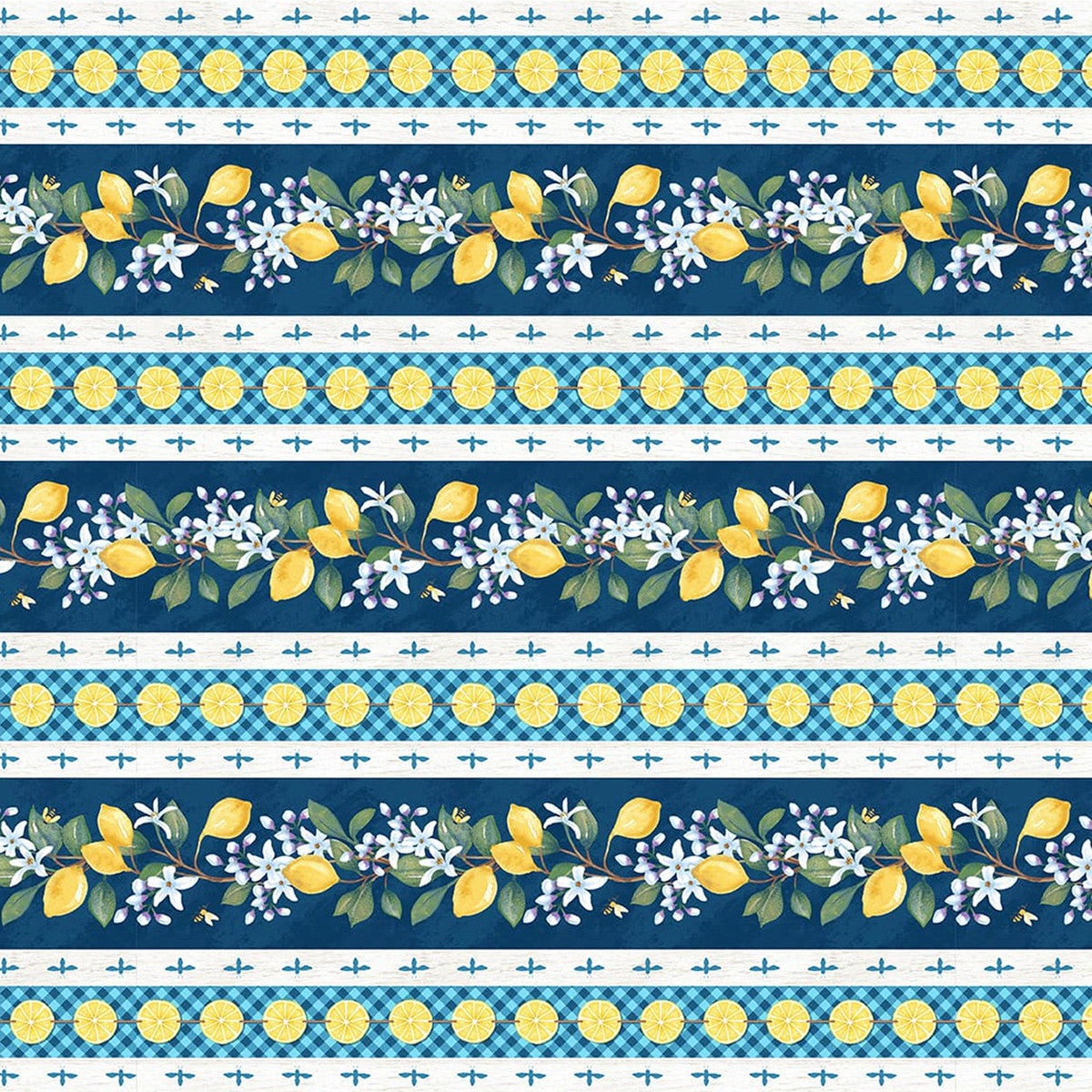 Squeeze the Day Lemon Stripe Navy Blue Yellow Rebecca Canale Studio E Cotton Fabric