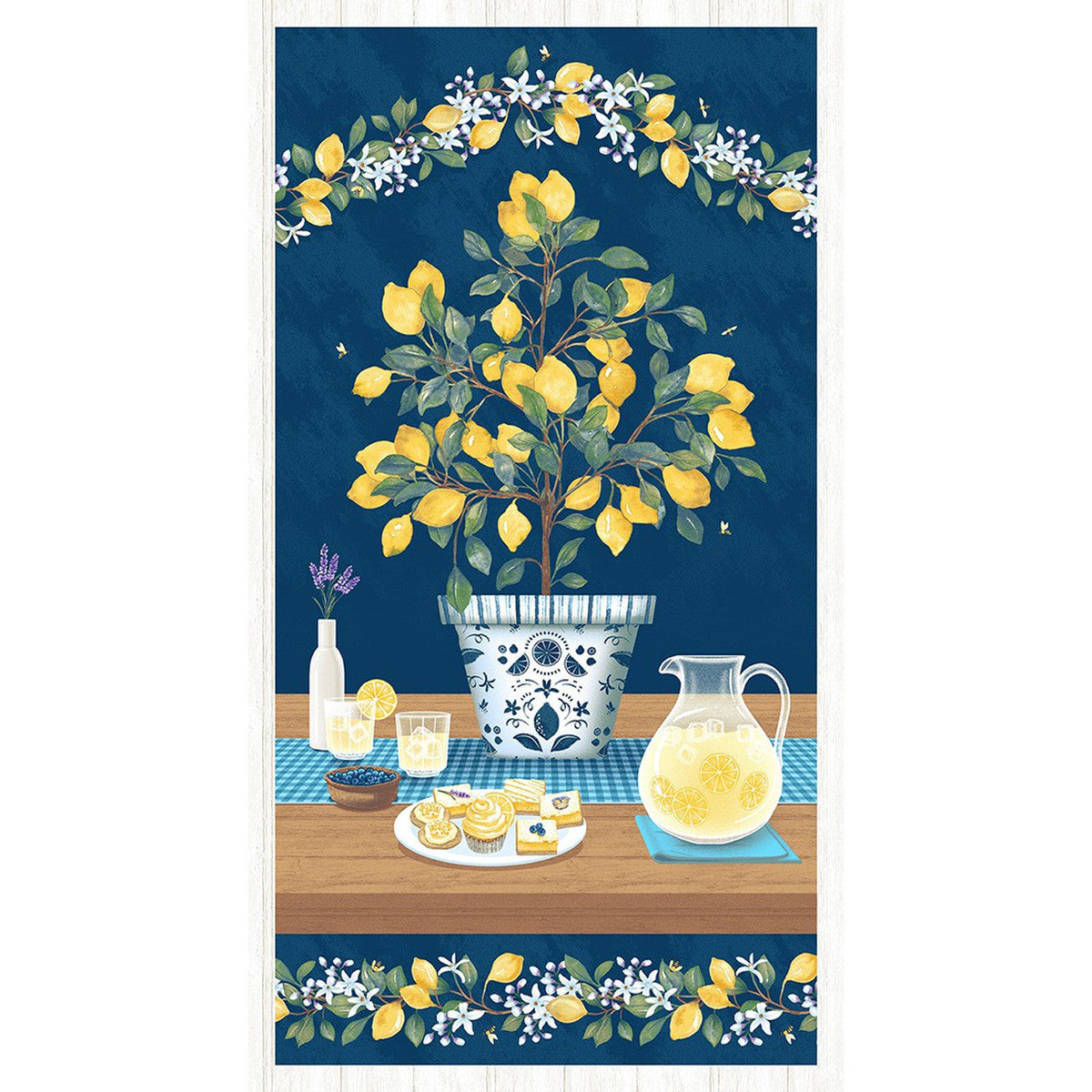 Squeeze the Day Panel 24" Navy Blue Yellow Rebecca Canale Studio E Cotton Fabric