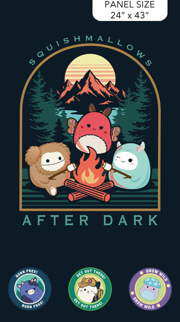 Squishmallows™ Happy Campers Poster Panel 24" Black Licensed Northcott Cotton Fabric NC-SQ1064-99