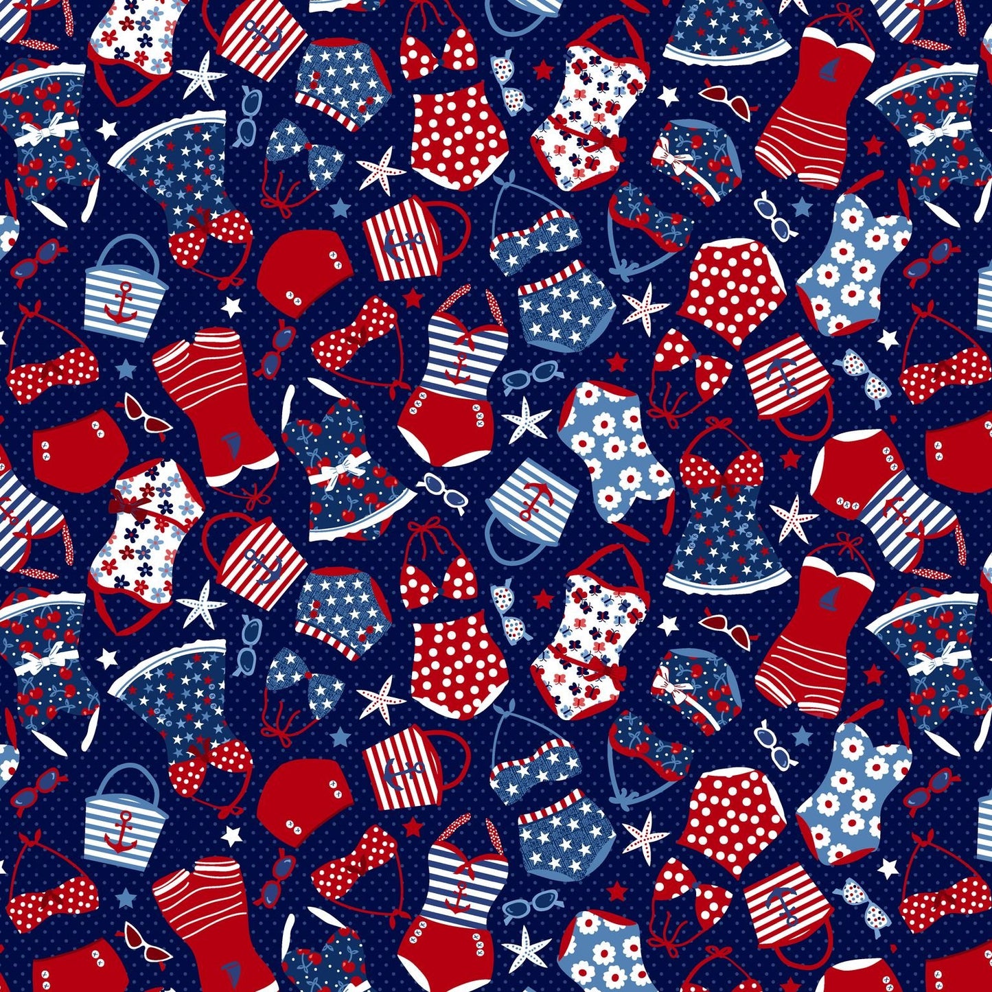 Star-Spangled Beach Bathing Suits Navy Blue Sharon Lee Studio E Cotton Fabric