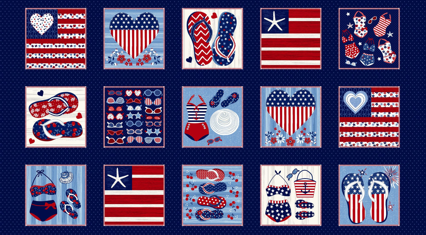 Star-Spangled Beach Blocks Patriotic Panel 24" Navy Blue Sharon Lee Studio E Cotton Fabric