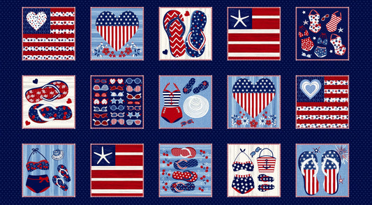 Star-Spangled Beach Blocks Patriotic Panel 24" Navy Blue Sharon Lee Studio E Cotton Fabric